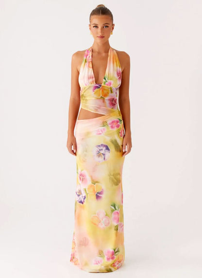 Floral wrap midi dress with cutout waist and halter neckline