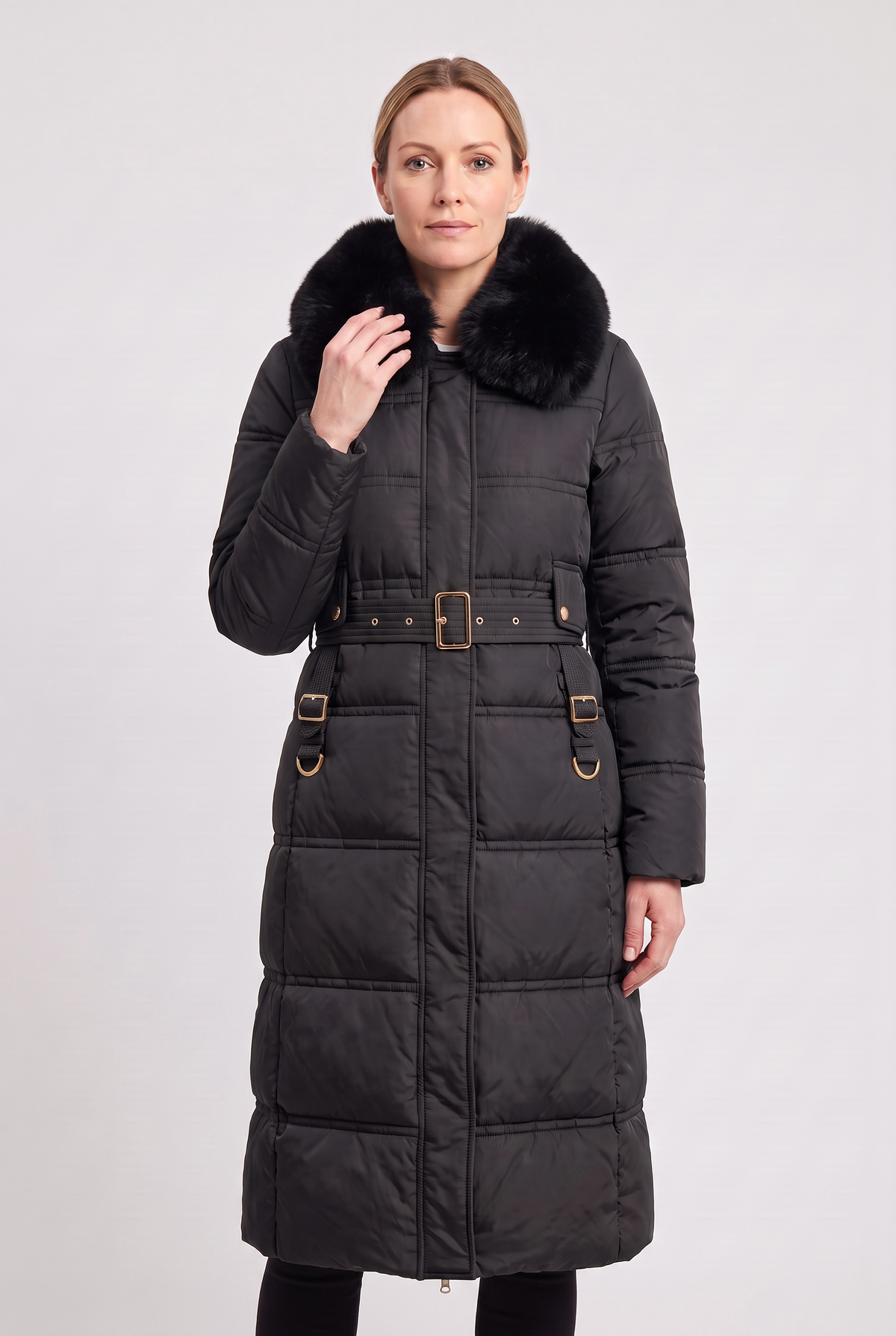 Astera Contrast Collar Longline Puffer Coat - Black