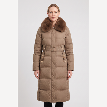 Astera Contrast Collar Longline Puffer Coat - Brown