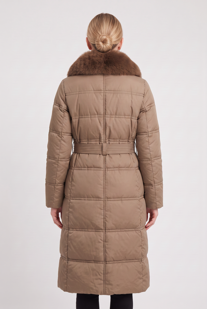 Astera Contrast Collar Longline Puffer Coat - Brown