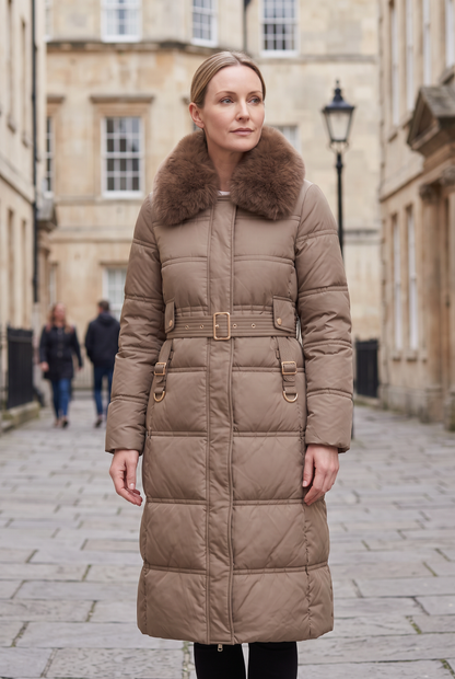 Astera Contrast Collar Longline Puffer Coat - Brown