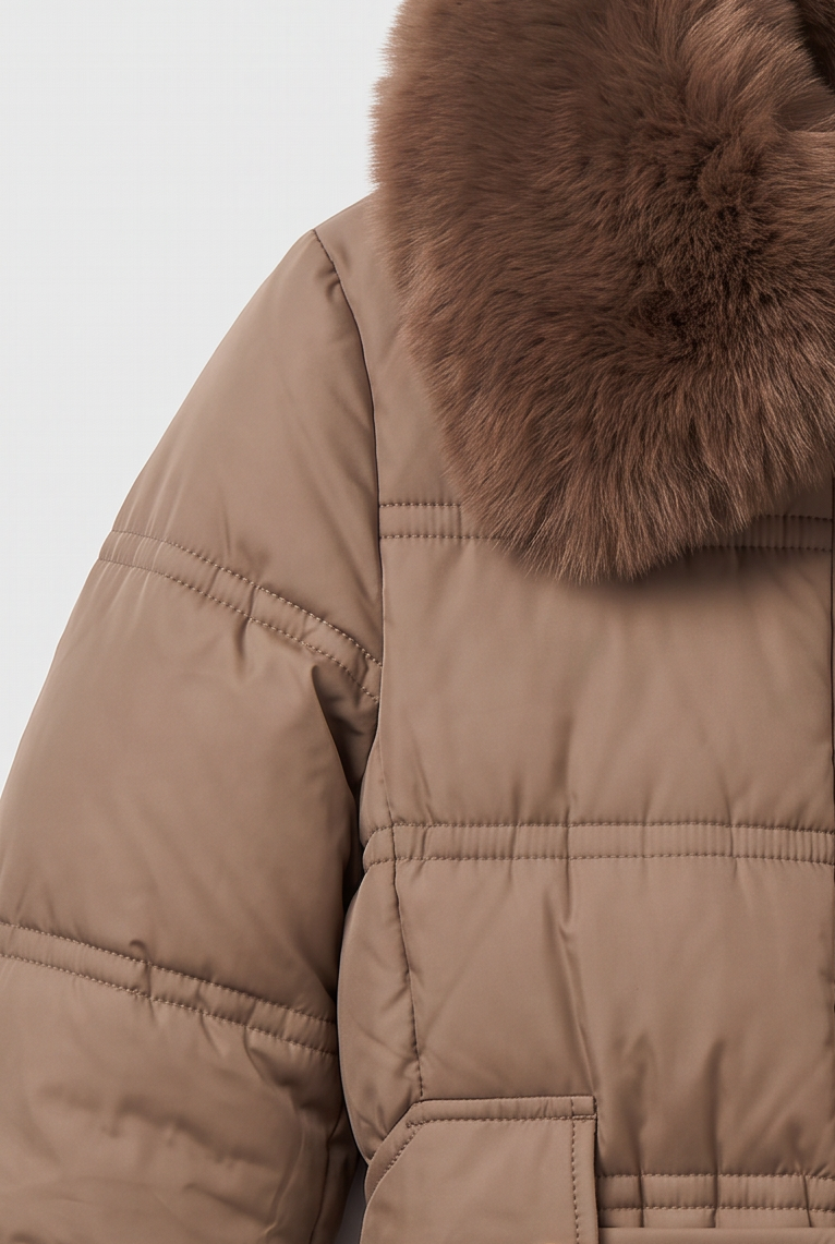 Astera Contrast Collar Longline Puffer Coat - Brown