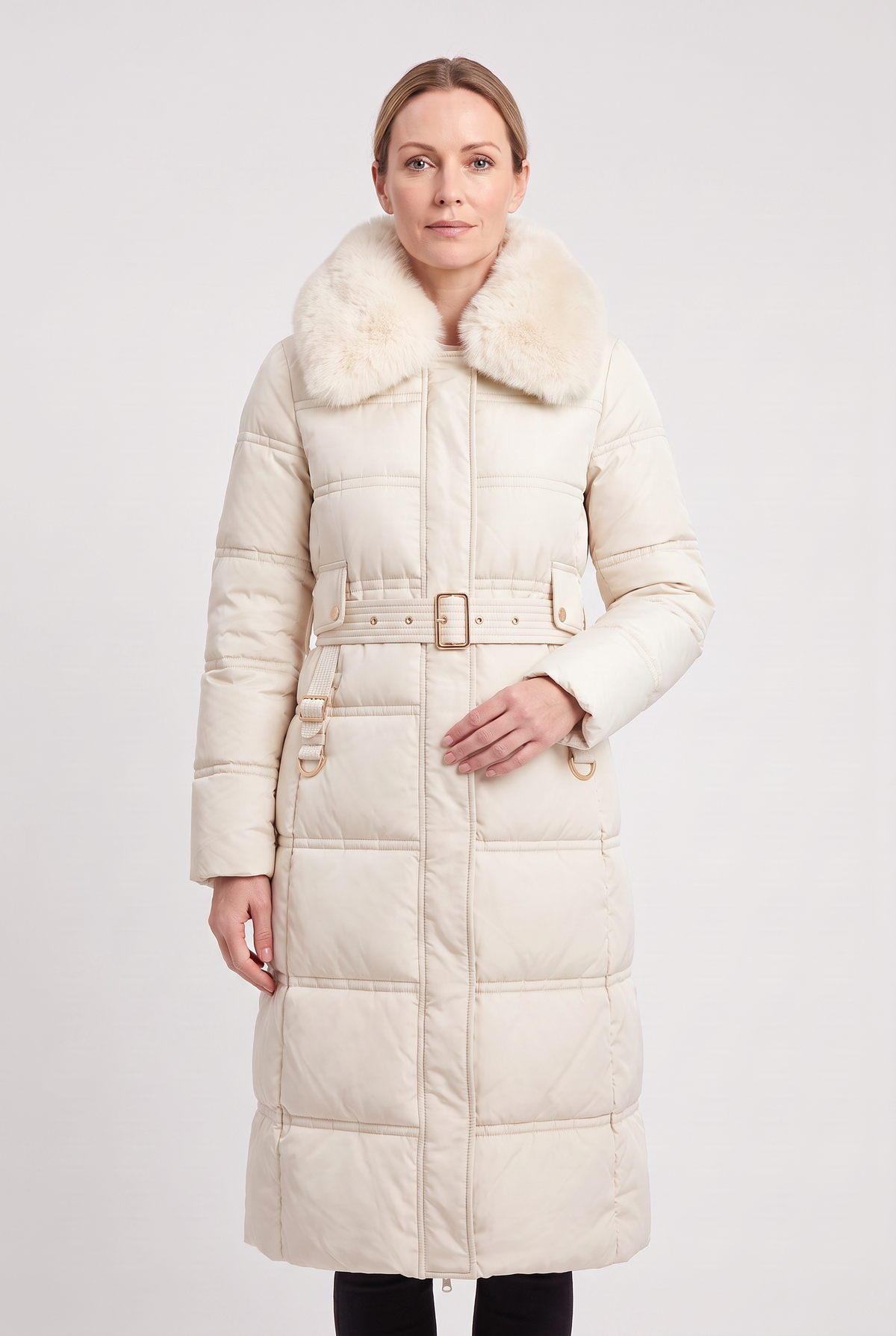 Astera Contrast Collar Longline Puffer Coat - Ivory