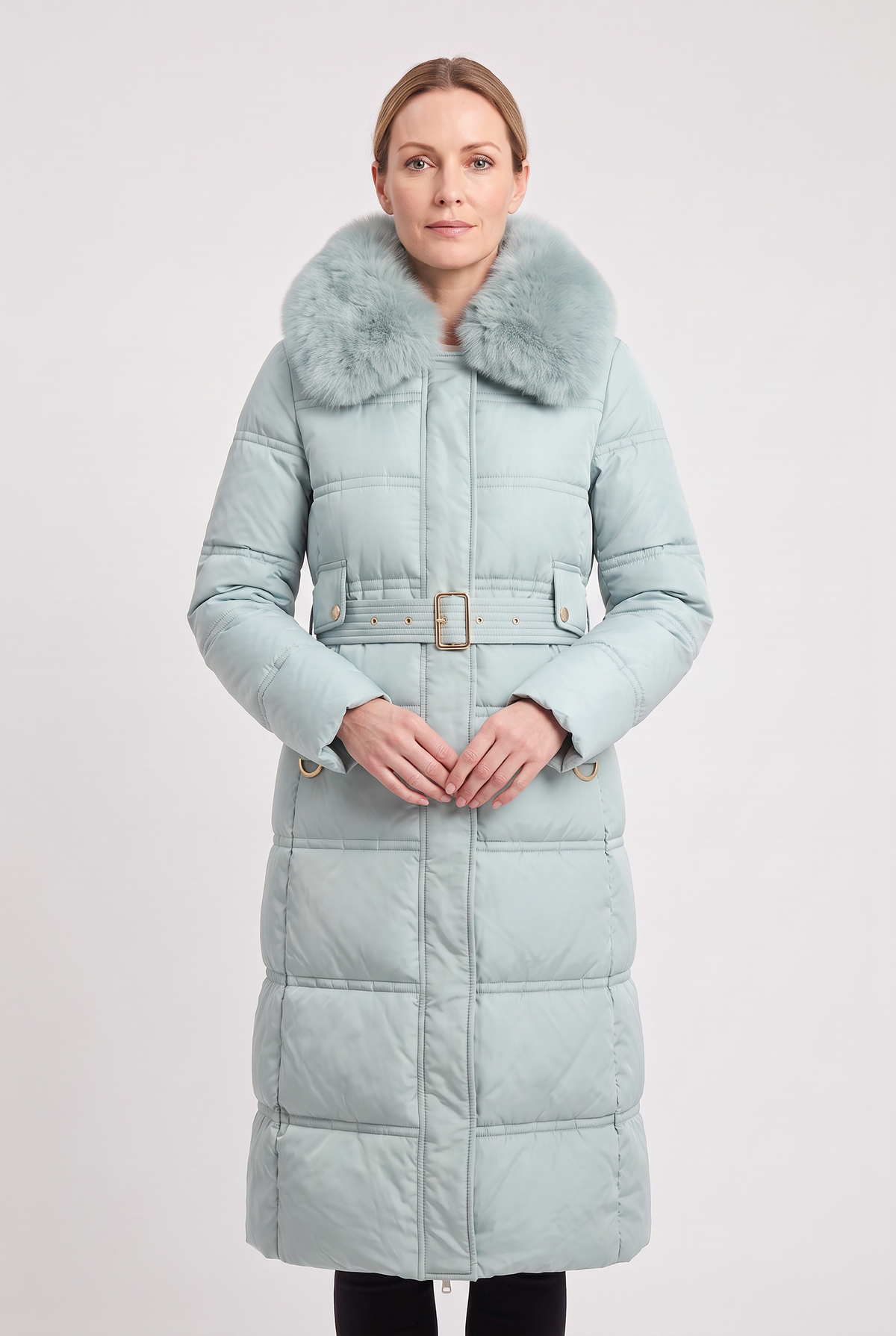 Astera Contrast Collar Longline Puffer Coat - Sage