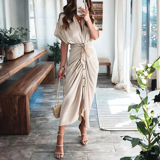 Beige wrap midi dress with short sleeves and side tie closure