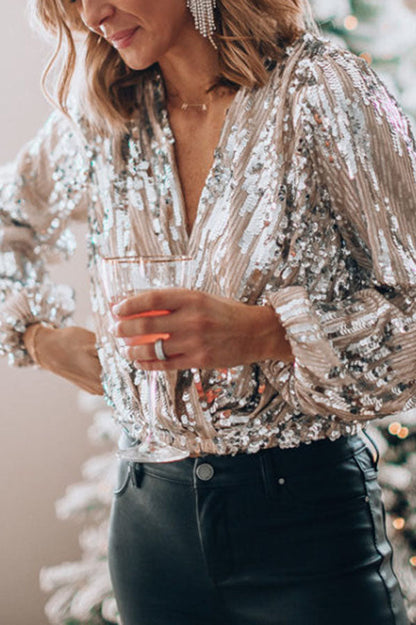 Augusta Sequin Long Sleeve Wrap Top - Silver