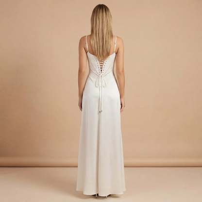 Cream corset maxi dress back view with lace-up corset closure detail