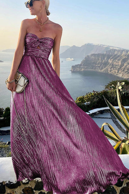 Burgundy pleated strapless maxi dress with gathered sweetheart neckline