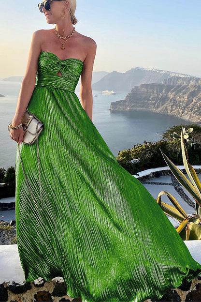 Emerald green pleated strapless maxi dress with twisted front bodice