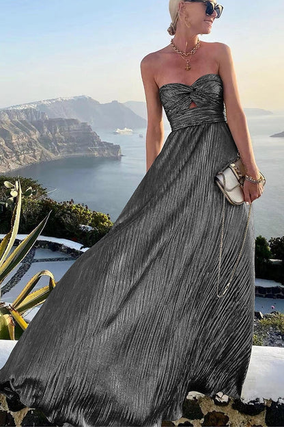Dark gray pleated maxi dress with sweetheart neckline and flowing skirt