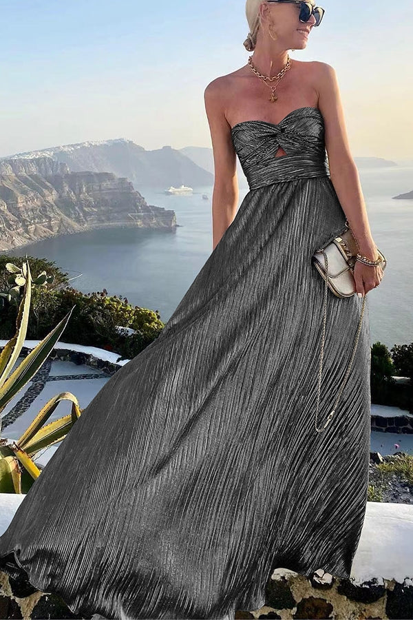 Dark gray pleated maxi dress with sweetheart neckline and flowing skirt