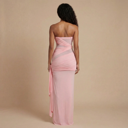 Backless blush pink ruched maxi dress with flowing side panel detail for women