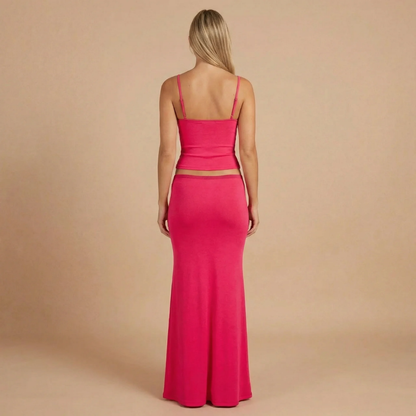 Magenta two-piece maxi set with spaghetti straps and adjustable waist, back view