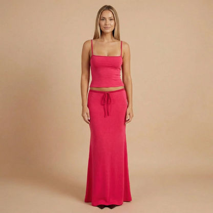 Hot pink square neck crop top and drawstring maxi skirt set for women, front view