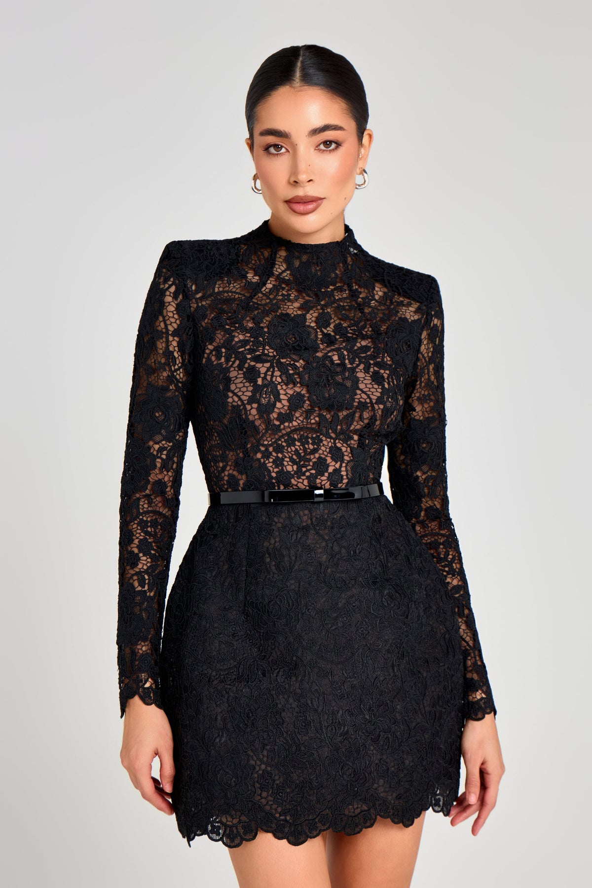 Azalia Sheer Long Sleeve Belted Mini Dress - Black