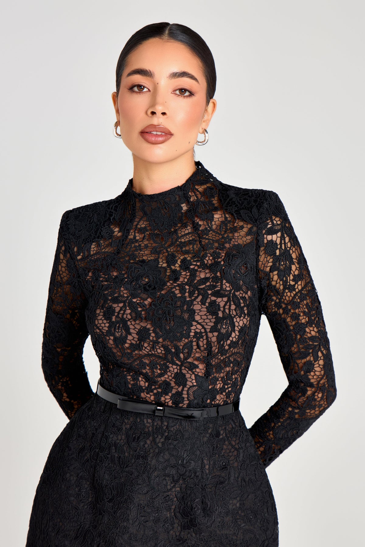 Azalia Sheer Long Sleeve Belted Mini Dress - Black