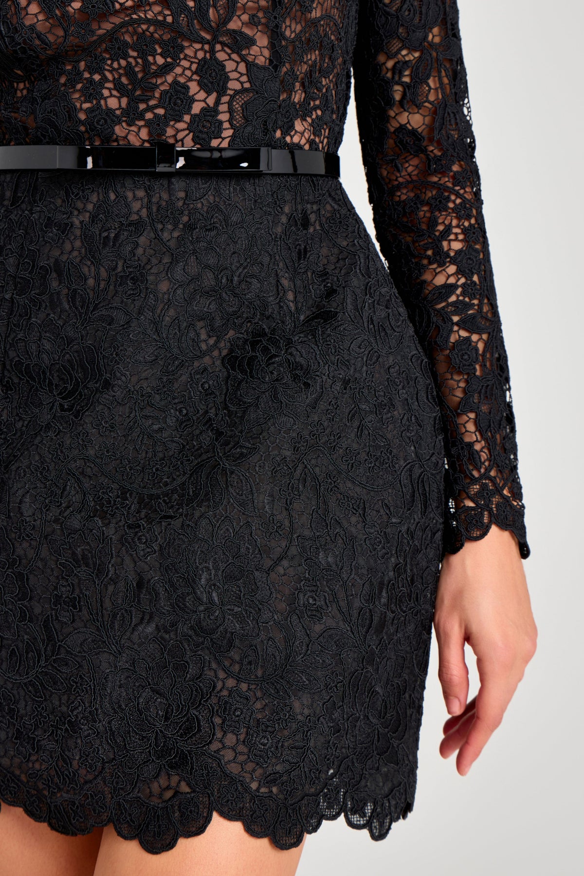 Azalia Sheer Long Sleeve Belted Mini Dress - Black