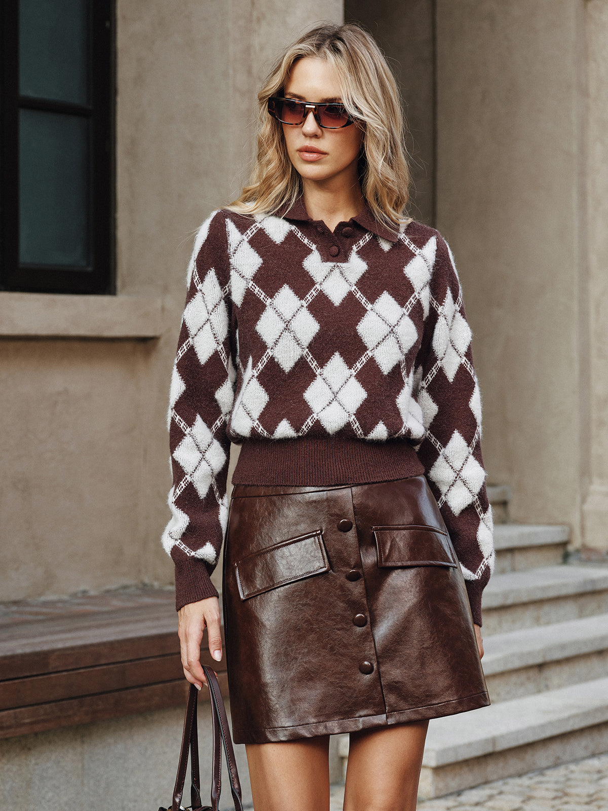 Barbara Argyle Polo Collar Knit Sweater - Brown and Ivory Argyle