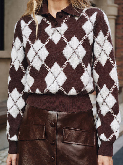 Barbara Argyle Polo Collar Knit Sweater - Brown and Ivory Argyle