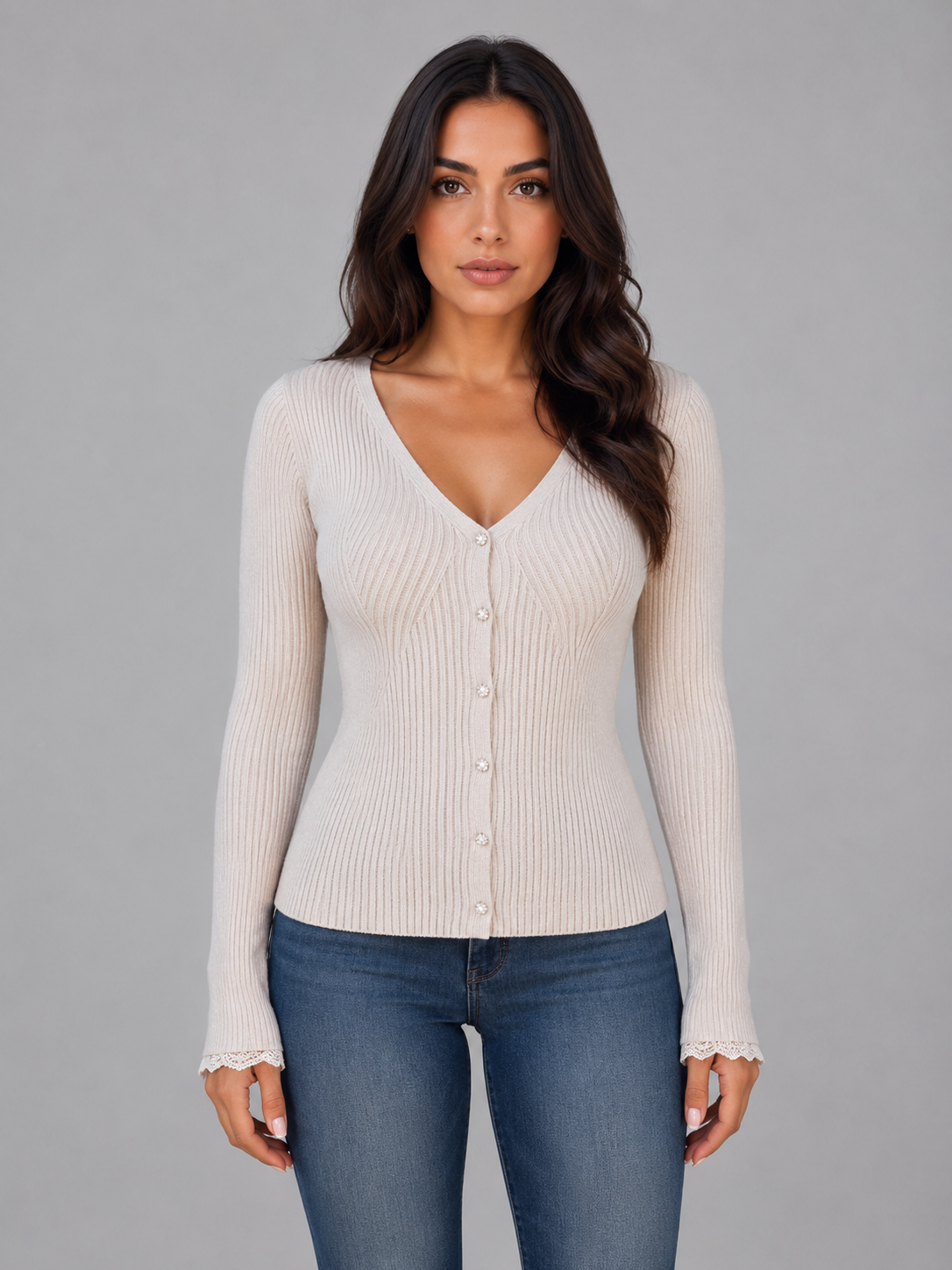 Belinda Ribbed V-Neck Button-Up Cardigan - Beige