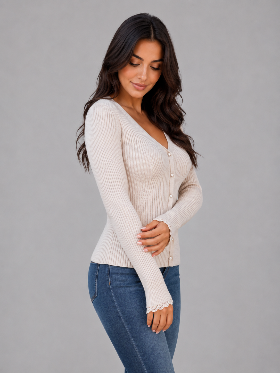 Belinda Ribbed V-Neck Button-Up Cardigan - Beige