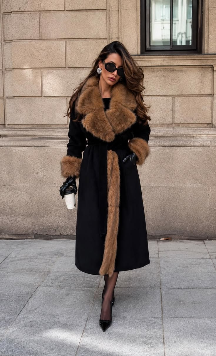 Bellina Faux Fur Collar Belted Coat - Black