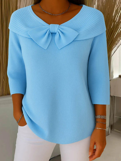 Bevin Ribbed Knit Bow Sweater - Blue