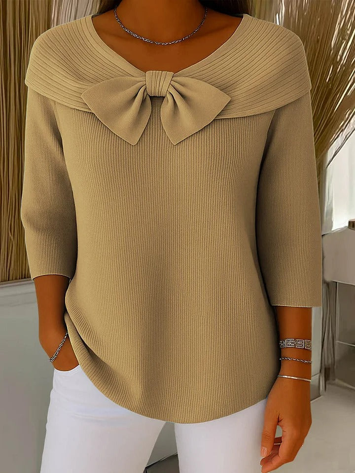 Bevin Ribbed Knit Bow Sweater - Khaki