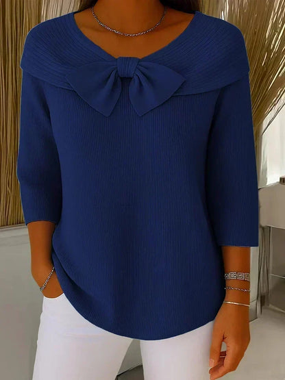 Bevin Ribbed Knit Bow Sweater - Navy