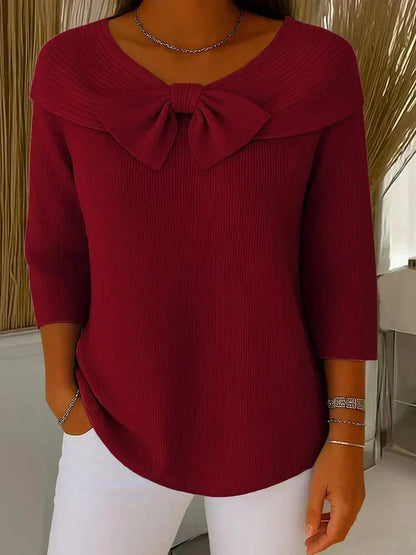 Bevin Ribbed Knit Bow Sweater - Red