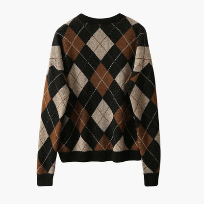 Birgit Argyle Crew Neck Knit Sweater - Black and Brown Argyle