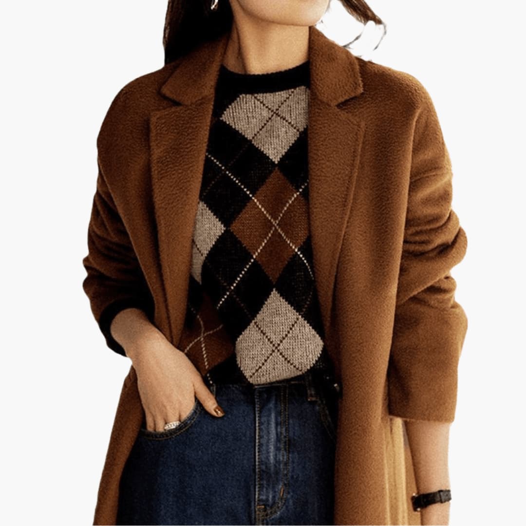 Birgit Argyle Crew Neck Knit Sweater - Black and Brown Argyle