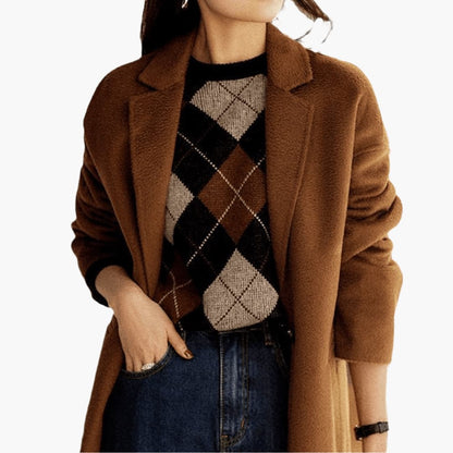 Birgit Argyle Crew Neck Knit Sweater - Black and Brown Argyle