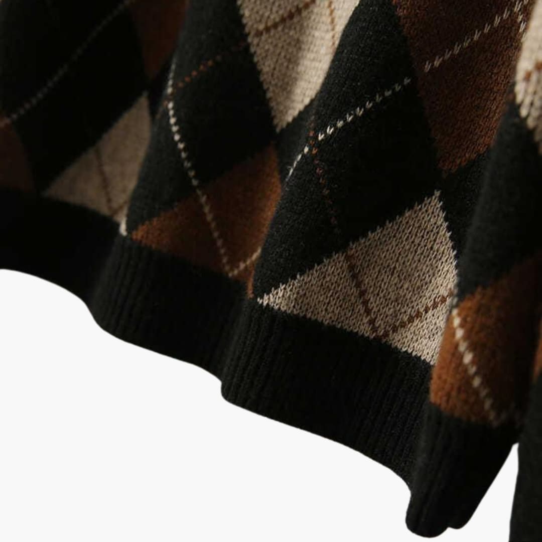 Birgit Argyle Crew Neck Knit Sweater - Black and Brown Argyle