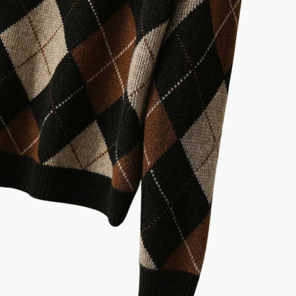 Birgit Argyle Crew Neck Knit Sweater - Black and Brown Argyle