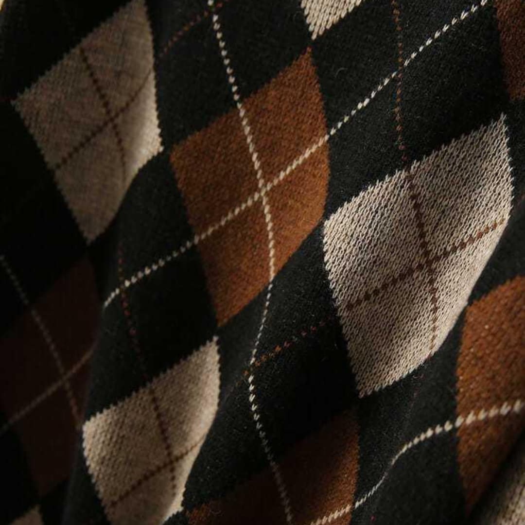 Birgit Argyle Crew Neck Knit Sweater - Black and Brown Argyle