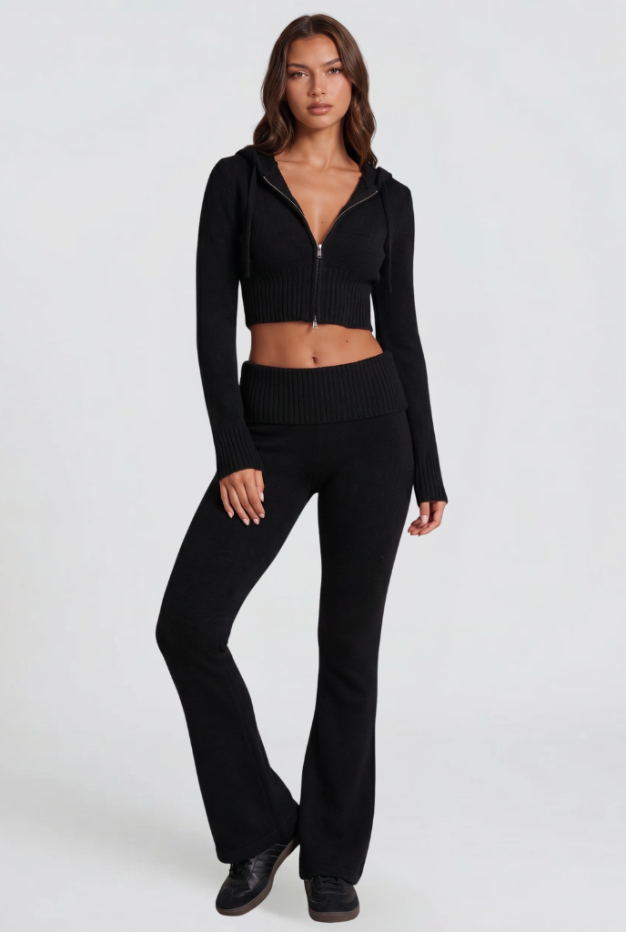 Blaire Cropped Hoodie Flare Pants Set - Black