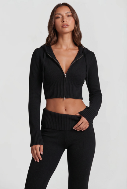 Blaire Cropped Hoodie Flare Pants Set - Black
