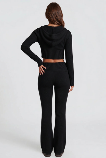 Blaire Cropped Hoodie Flare Pants Set - Black