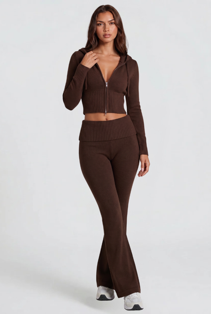 Blaire Cropped Hoodie Flare Pants Set - Brown