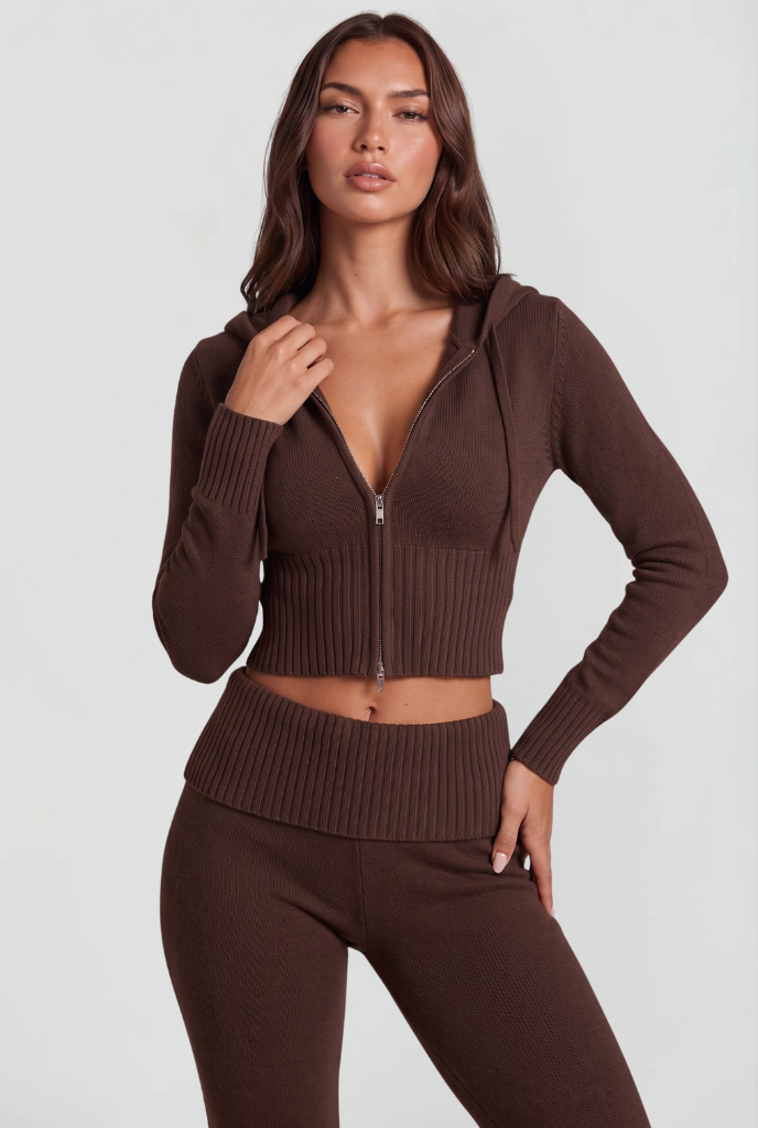 Blaire Cropped Hoodie Flare Pants Set - Brown