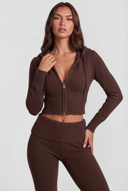 Blaire Cropped Hoodie Flare Pants Set - Brown