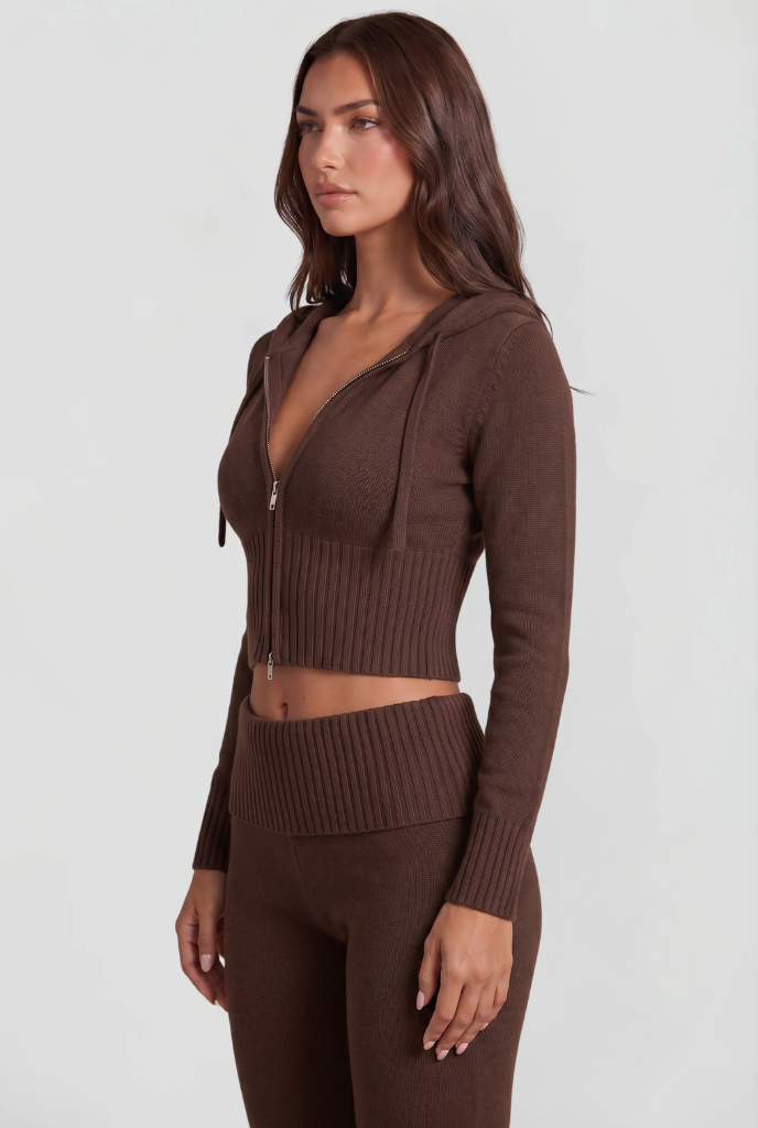Blaire Cropped Hoodie Flare Pants Set - Brown