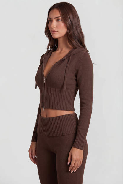 Blaire Cropped Hoodie Flare Pants Set - Brown