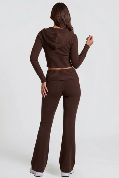 Blaire Cropped Hoodie Flare Pants Set - Brown