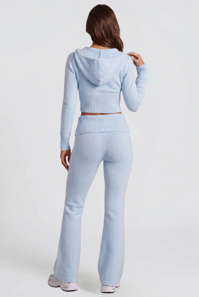Blaire Cropped Hoodie Flare Pants Set - Light Blue