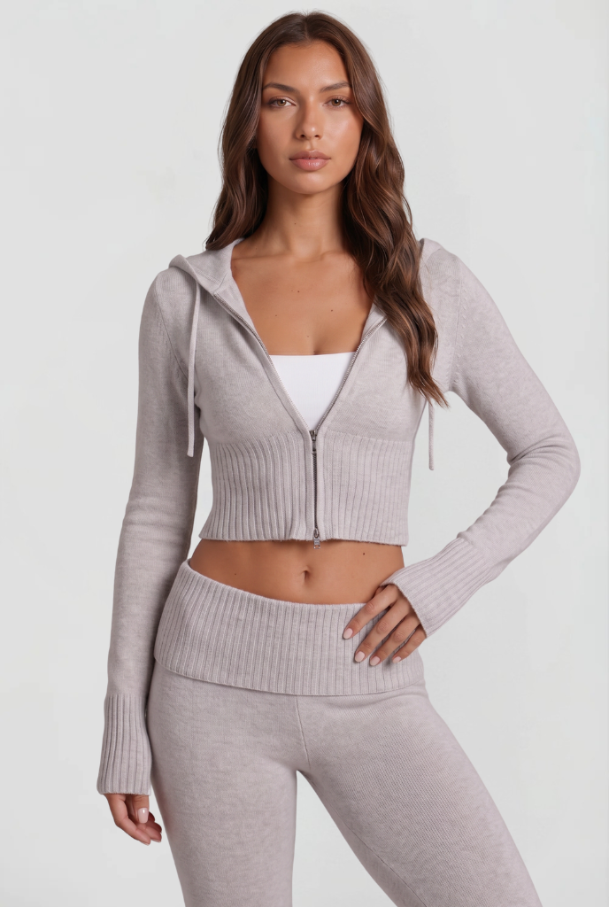 Blaire Cropped Hoodie Flare Pants Set - Light Gray