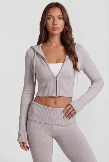 Blaire Cropped Hoodie Flare Pants Set - Light Gray