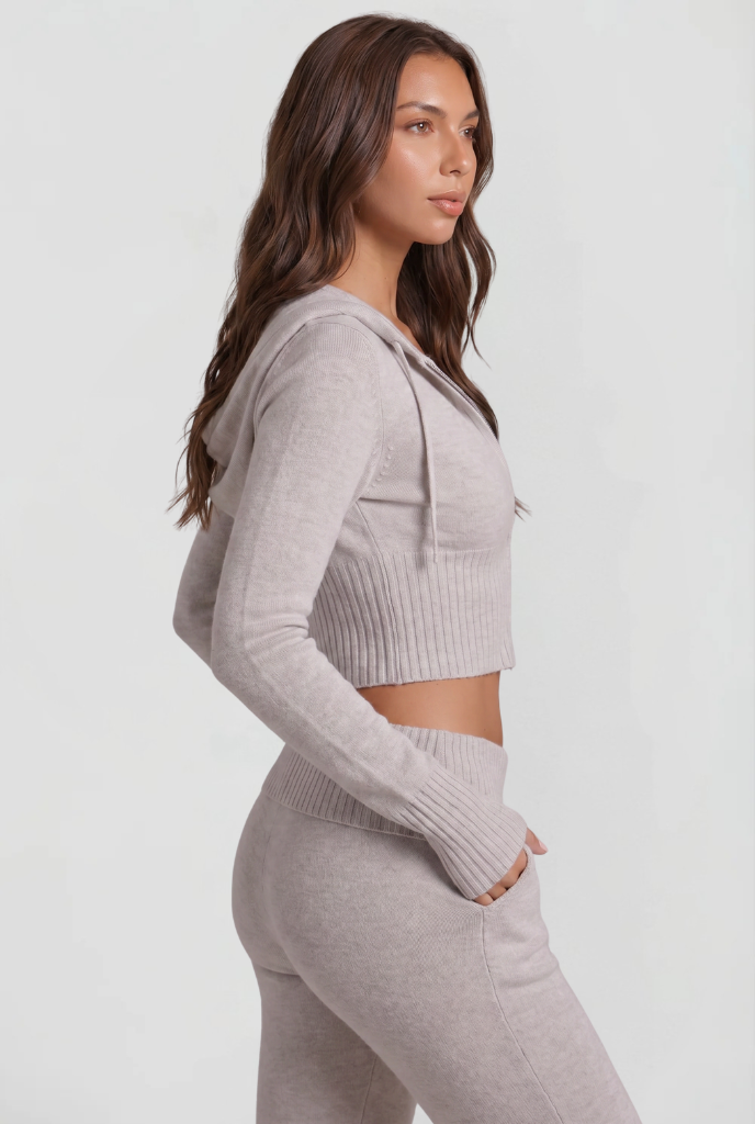 Blaire Cropped Hoodie Flare Pants Set - Light Gray