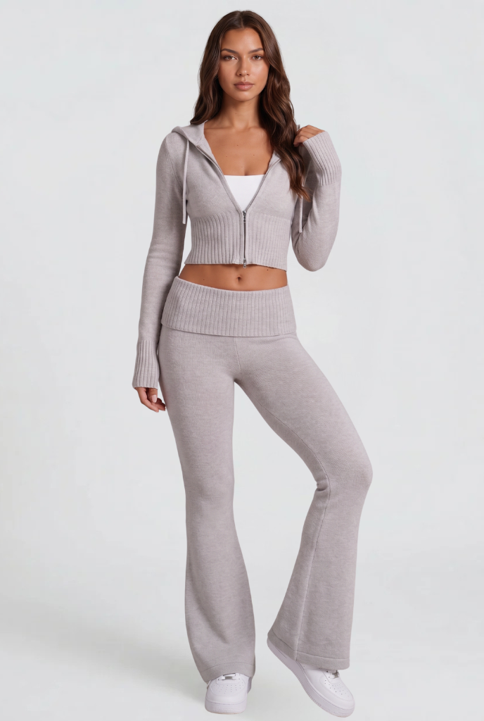 Blaire Cropped Hoodie Flare Pants Set - Light Gray